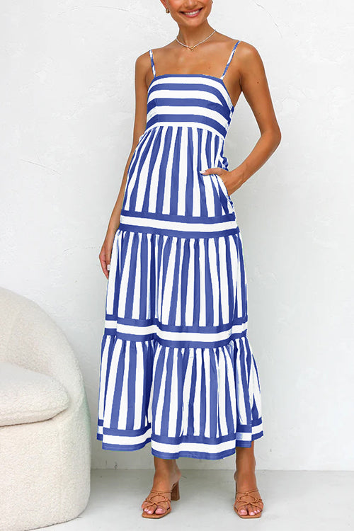 Margovil Spaghetti Strap Tiered Color Block Striped Midi Dress