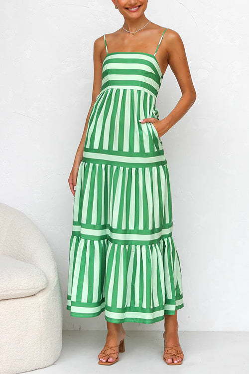 Margovil Spaghetti Strap Tiered Color Block Striped Midi Dress