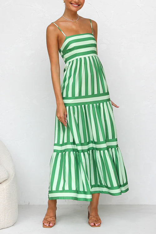 Margovil Spaghetti Strap Tiered Color Block Striped Midi Dress