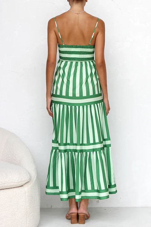 Margovil Spaghetti Strap Tiered Color Block Striped Midi Dress