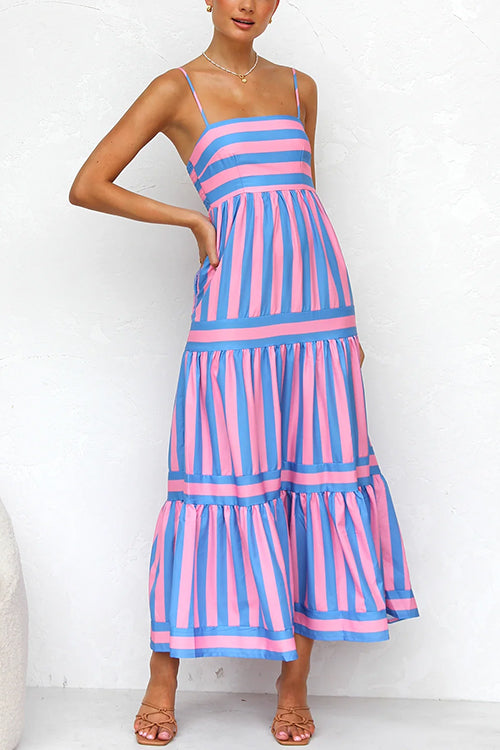 Margovil Spaghetti Strap Tiered Color Block Striped Midi Dress