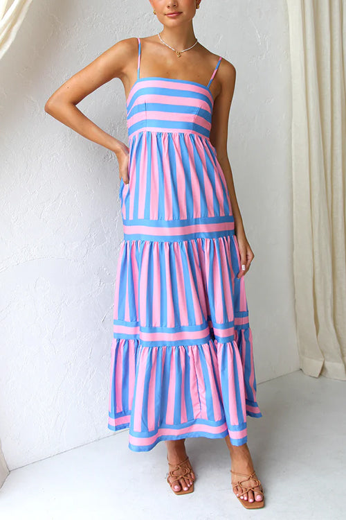 Margovil Spaghetti Strap Tiered Color Block Striped Midi Dress