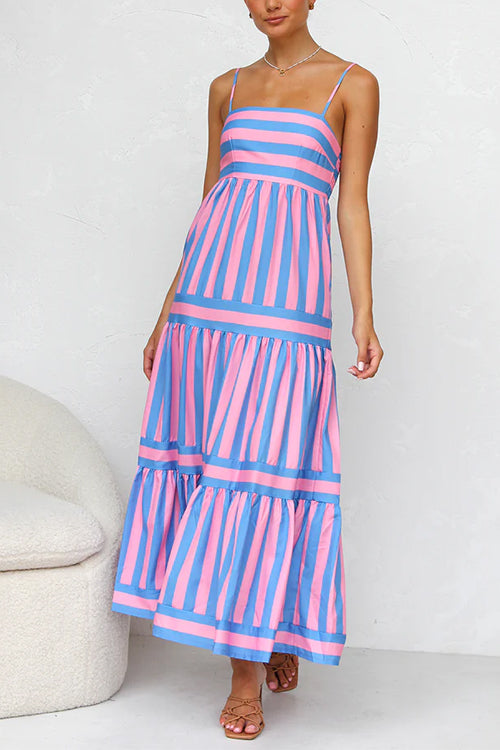 Margovil Spaghetti Strap Tiered Color Block Striped Midi Dress