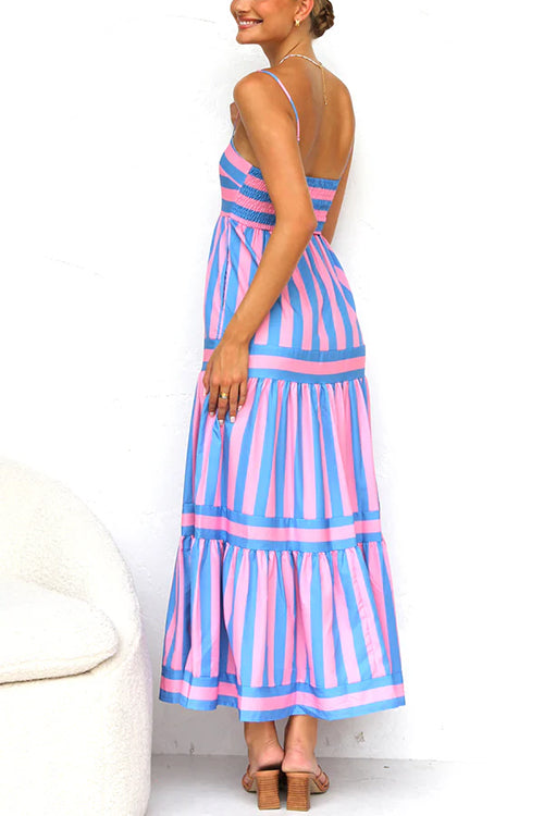 Margovil Spaghetti Strap Tiered Color Block Striped Midi Dress