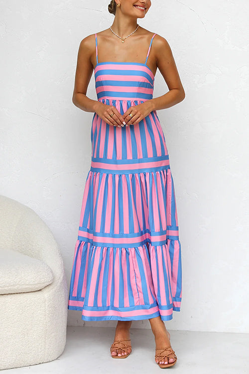 Margovil Spaghetti Strap Tiered Color Block Striped Midi Dress