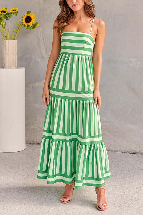 Margovil Spaghetti Strap Tiered Color Block Striped Midi Dress
