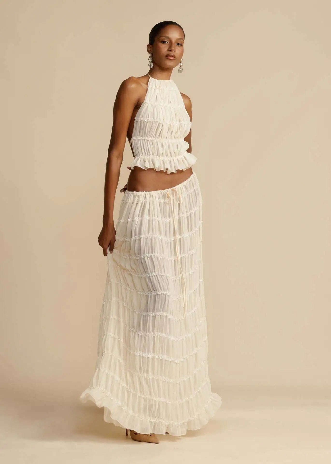 Frilled Halter Backless Crop Top Drawstring Waist Maxi Skirt Set
