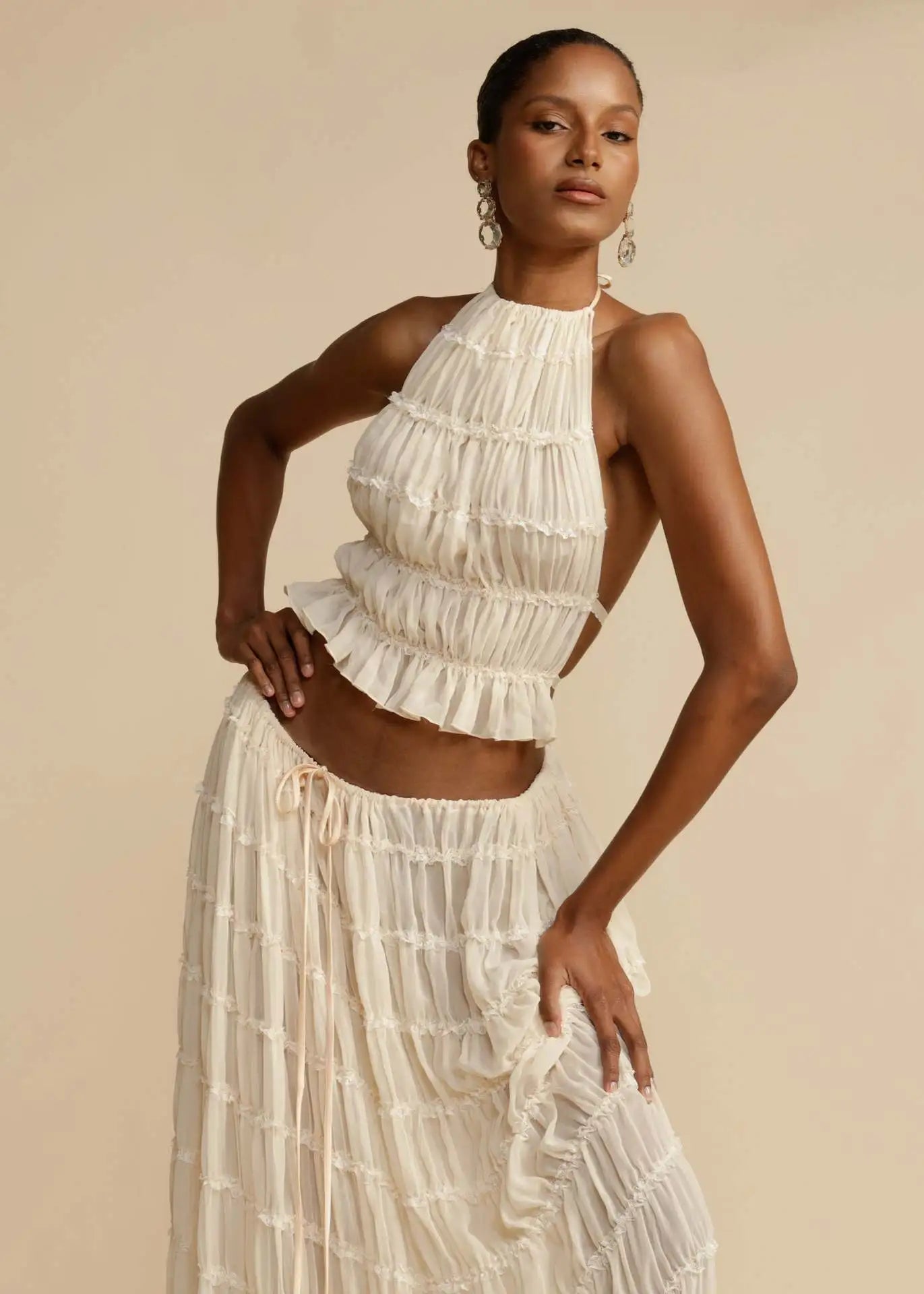 Frilled Halter Backless Crop Top Drawstring Waist Maxi Skirt Set