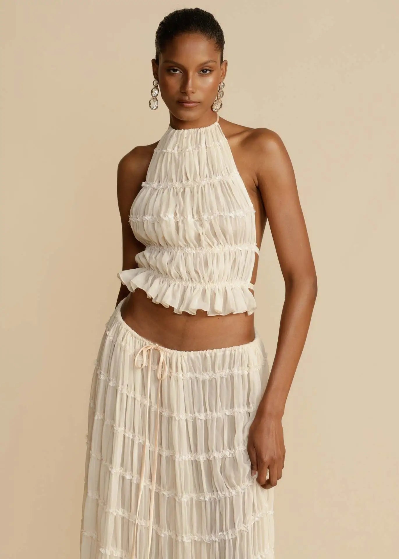 Frilled Halter Backless Crop Top Drawstring Waist Maxi Skirt Set