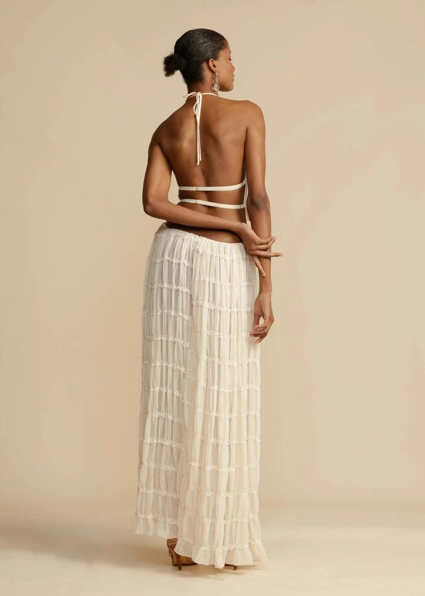 Frilled Halter Backless Crop Top Drawstring Waist Maxi Skirt Set