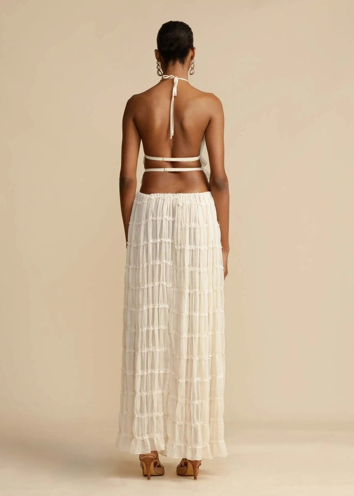 Frilled Halter Backless Crop Top Drawstring Waist Maxi Skirt Set