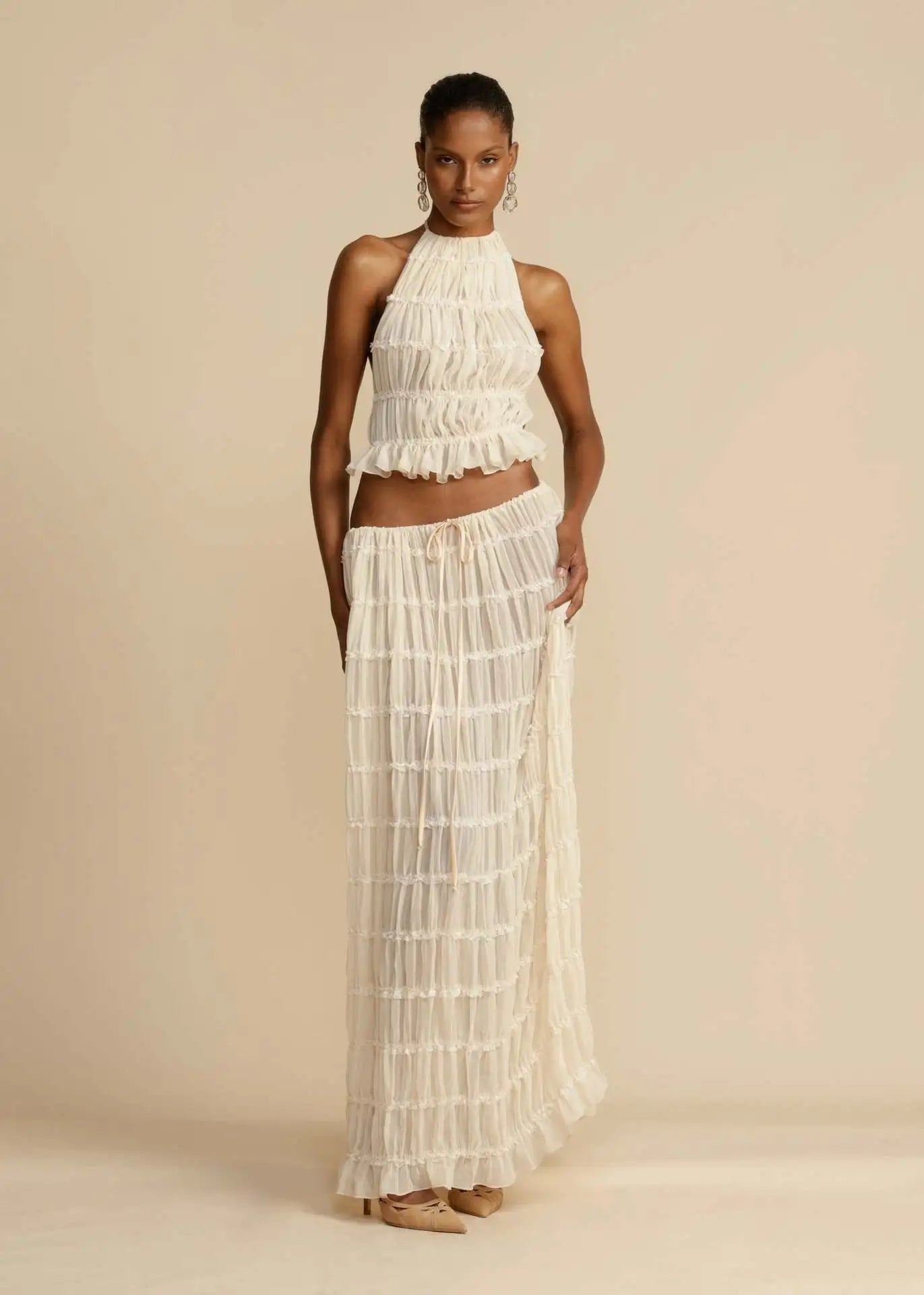Frilled Halter Backless Crop Top Drawstring Waist Maxi Skirt Set
