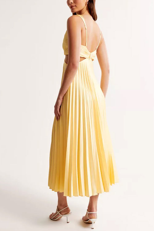 V Neck Cut Out Waist Sleeveless Pleated Midi Dress