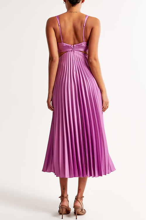 V Neck Cut Out Waist Sleeveless Pleated Midi Dress