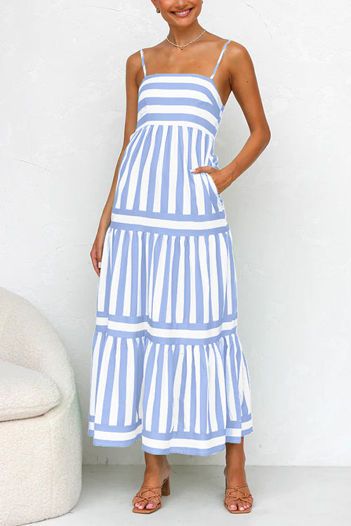 Margovil Spaghetti Strap Tiered Color Block Striped Midi Dress