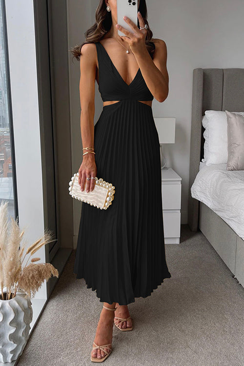V Neck Cut Out Waist Sleeveless Pleated Midi Dress