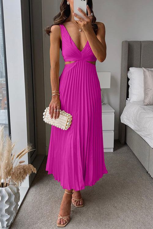 V Neck Cut Out Waist Sleeveless Pleated Midi Dress