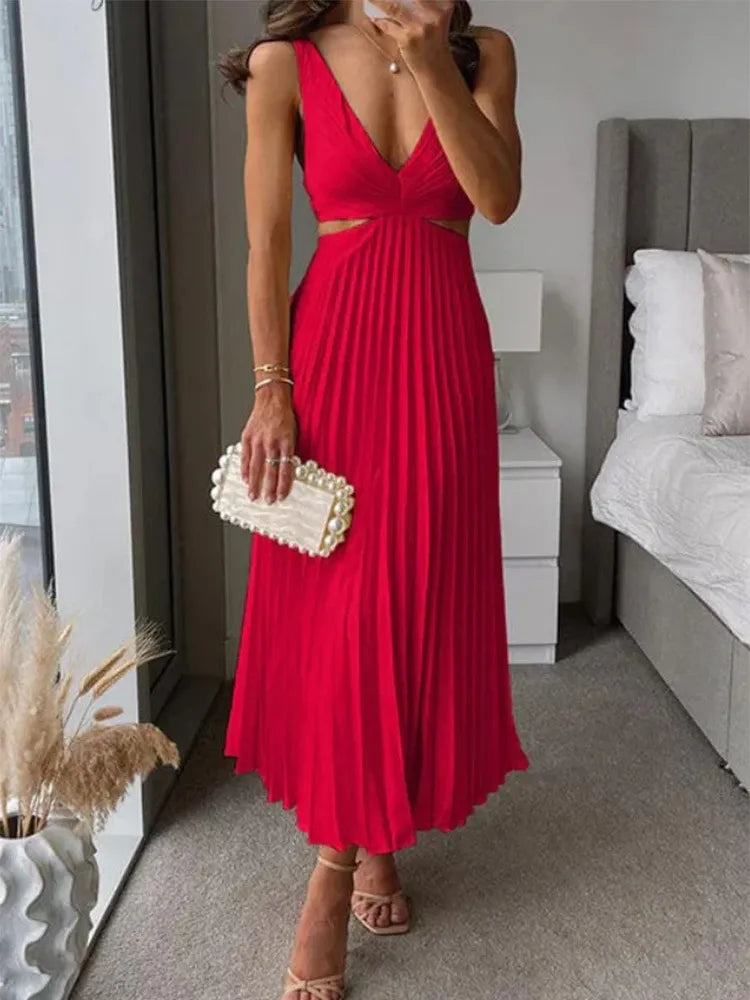 V Neck Cut Out Waist Sleeveless Pleated Midi Dress
