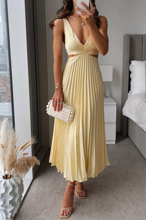 V Neck Cut Out Waist Sleeveless Pleated Midi Dress