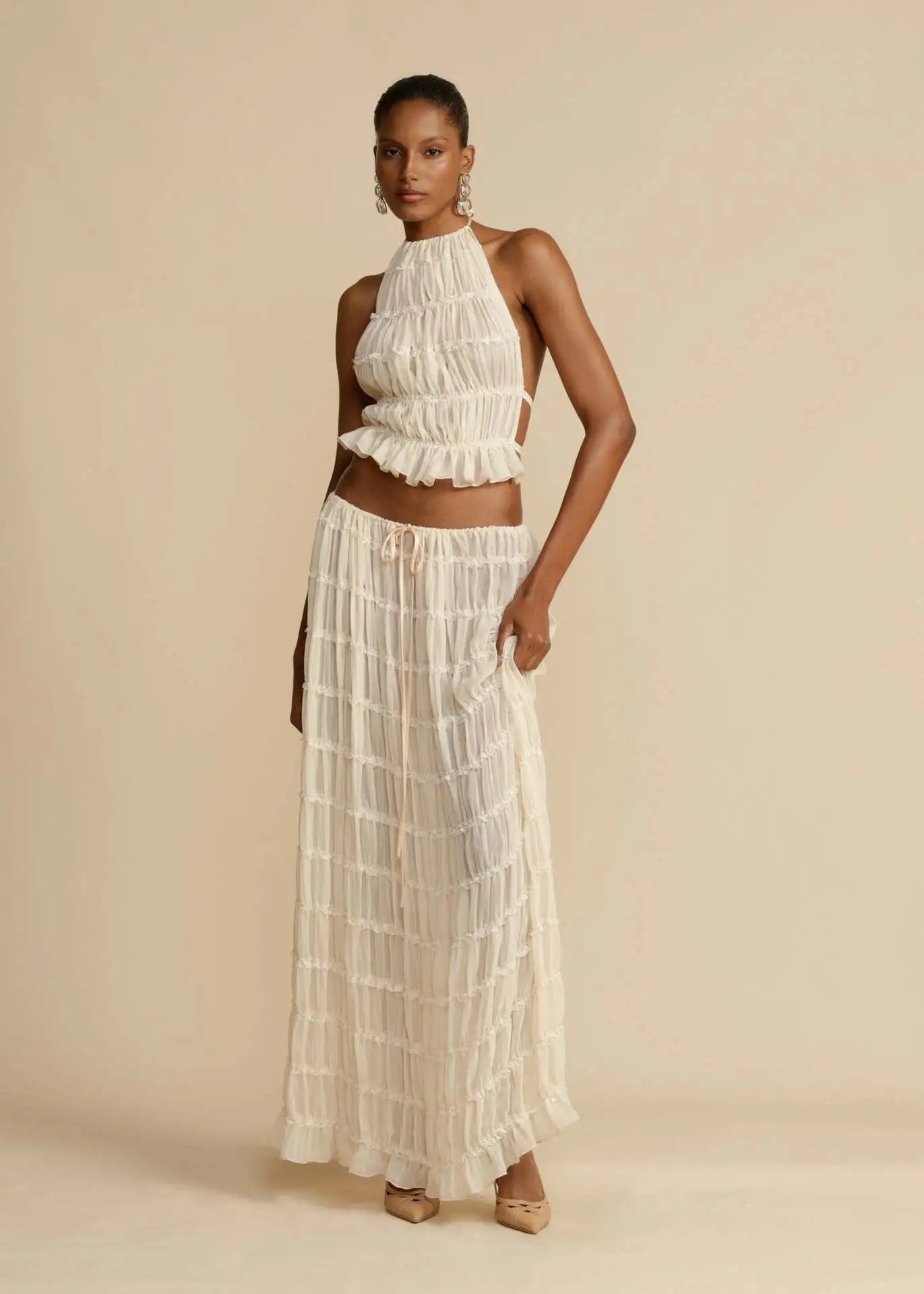 Frilled Halter Backless Crop Top Drawstring Waist Maxi Skirt Set