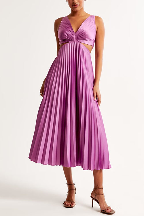 V Neck Cut Out Waist Sleeveless Pleated Midi Dress
