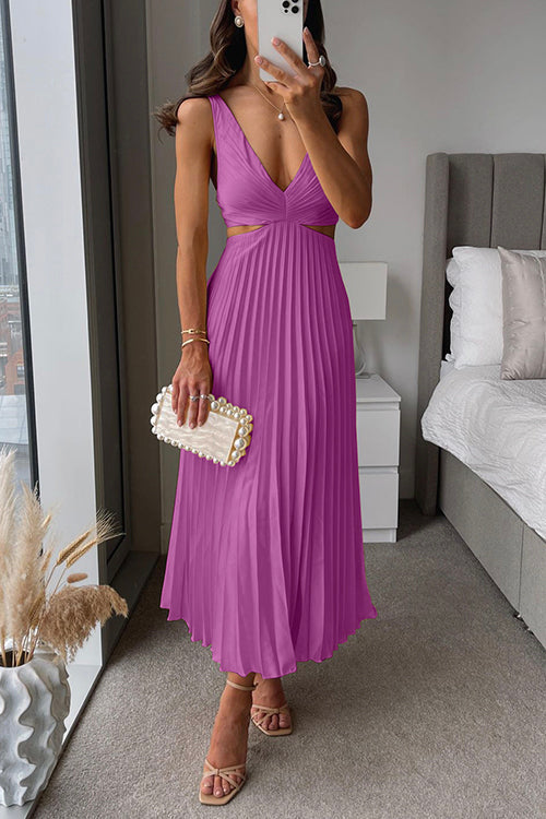 V Neck Cut Out Waist Sleeveless Pleated Midi Dress